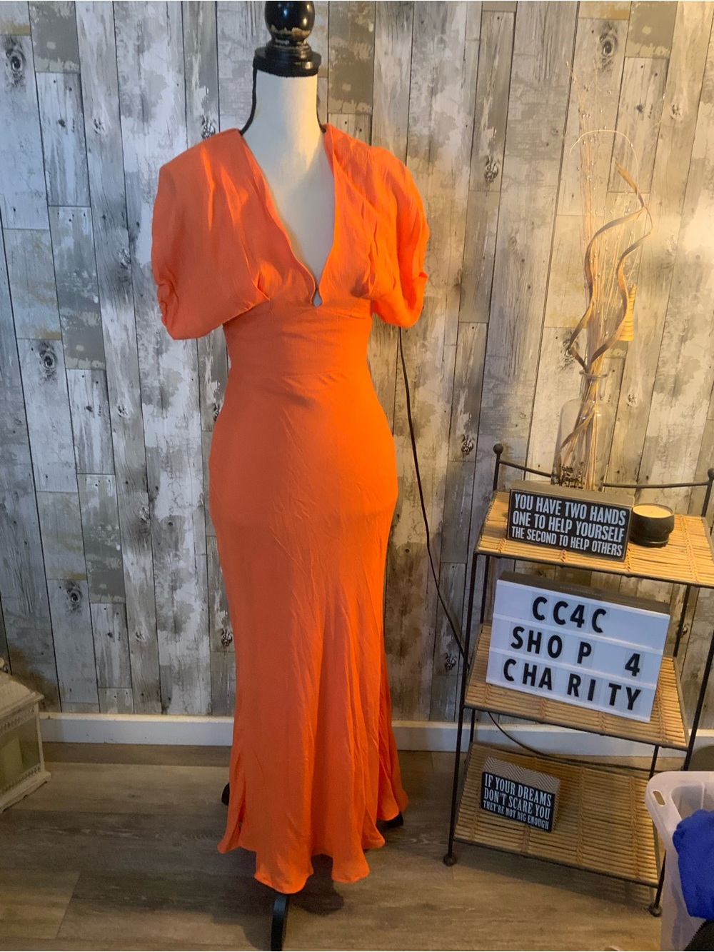 Deep V-Neck Orange Puff Sleeve Maxi Dress